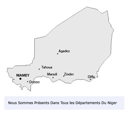 Implantation dans les villes du niger : Niamey, Dosso, Maradi, Zinder, Tahoua, Diffa, Agadez